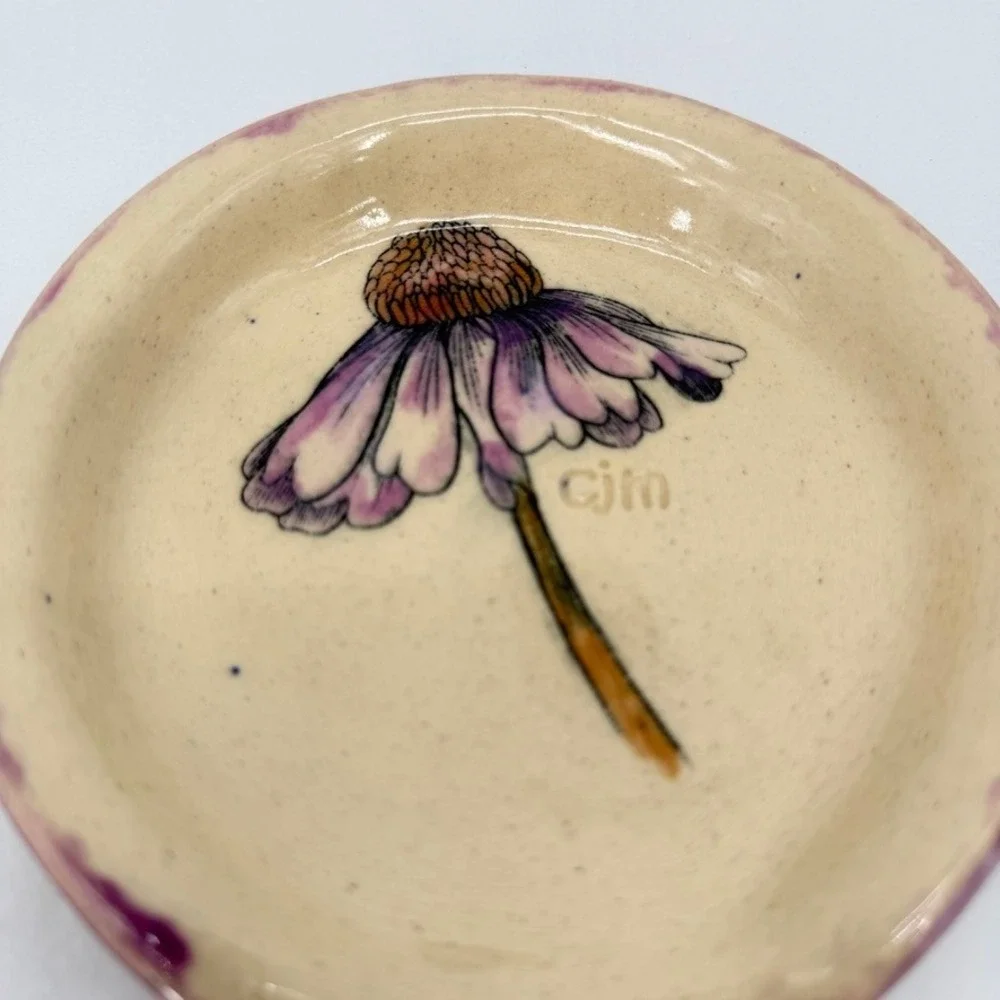 CJM Pottery Spoon Rest Dish Echinacea Floral Handmade Ceramic Kitchen Decor
